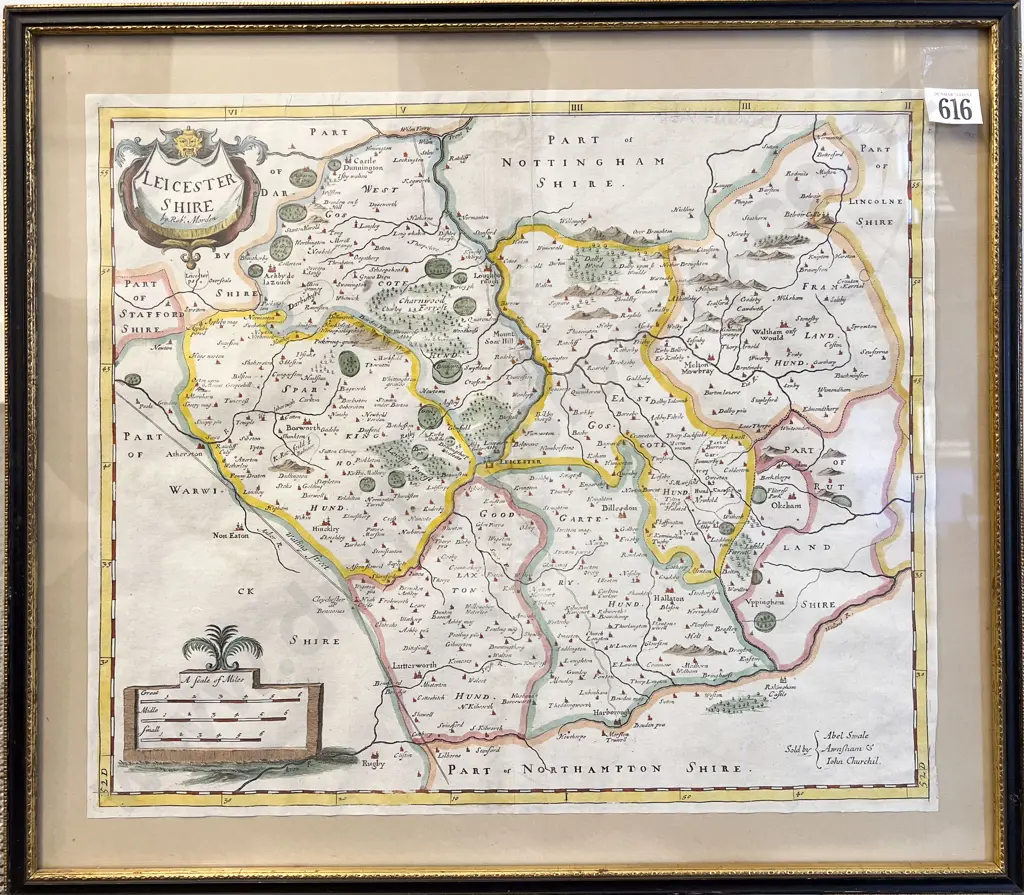 C17th Robert Morden Map of Leicester Shire Image 1++