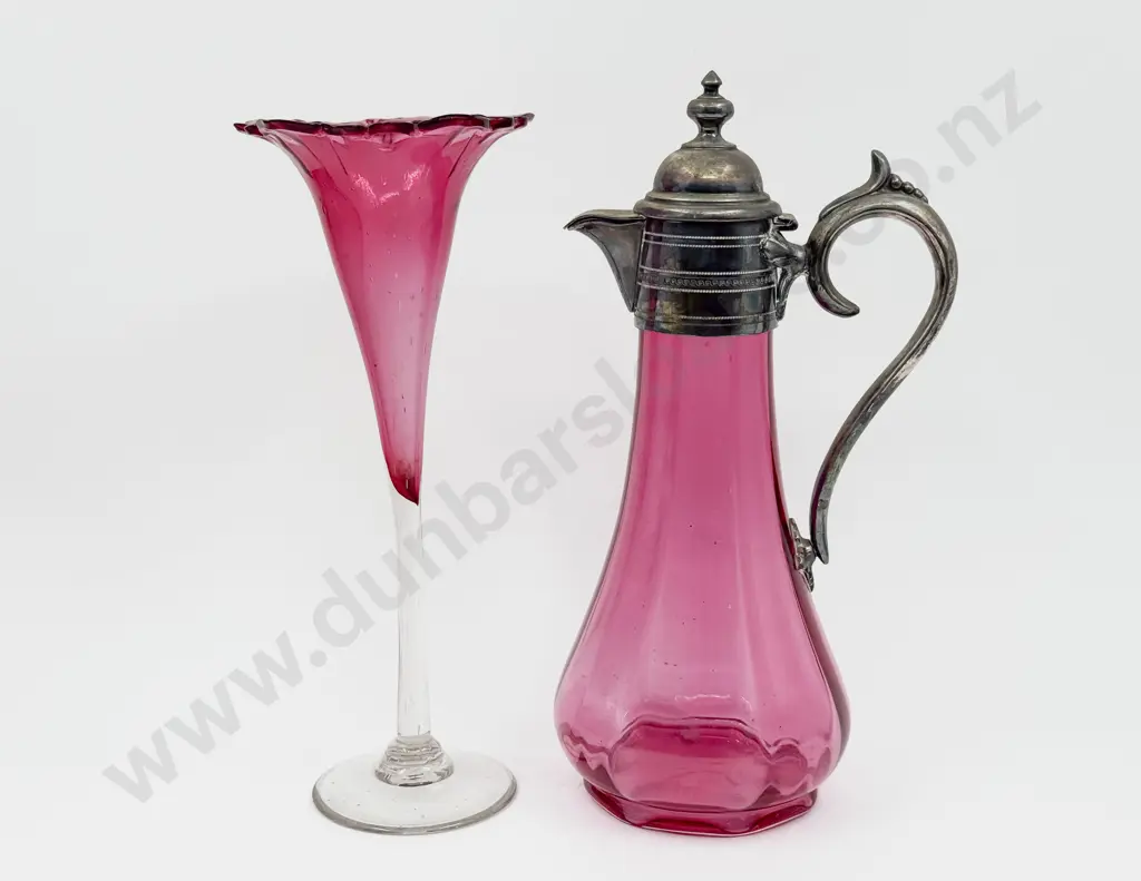 Cranberry Glass Ewer & Trumpet Vase Image 1++