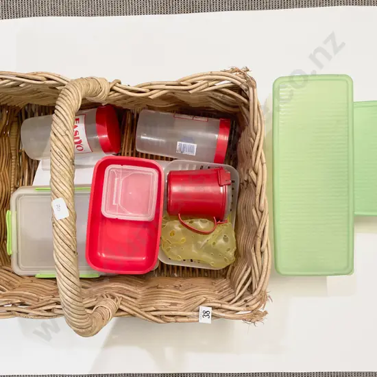 Wicker Basket of Assorted Storage Containers etc