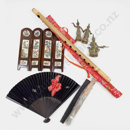 Three Thai Brass Figures with Miniature Dressing Screen & Others