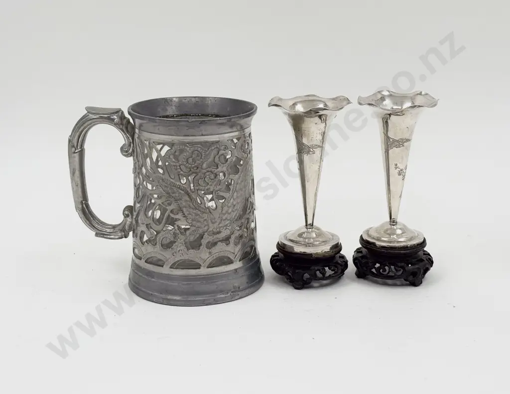 Pair of Chinese Silver Specimen Vases on Stands together with Pewter Gambling Tankard Image 1++