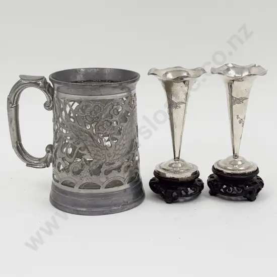 Pair of Chinese Silver Specimen Vases on Stands together with Pewter Gambling Tankard