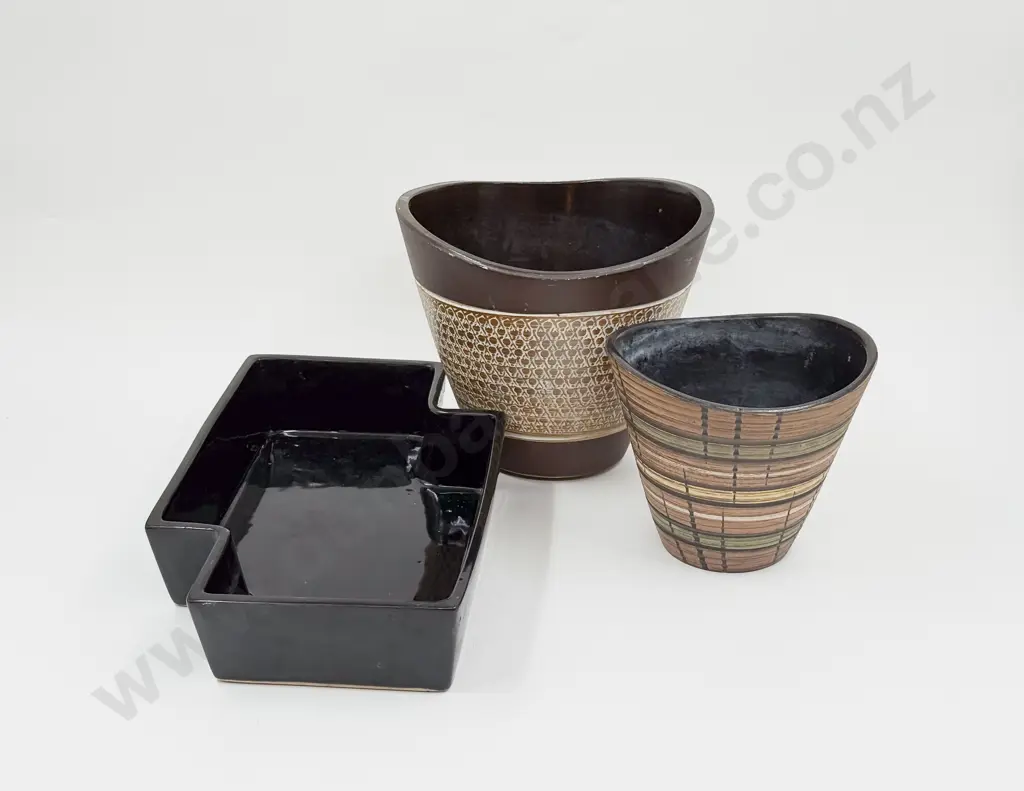 Two Mid Century Planters together with Ikebana Dish Image 1++