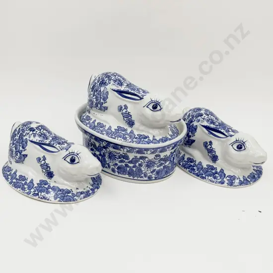Blue & White Rabbit Form Tureen together with Two Associated Lids