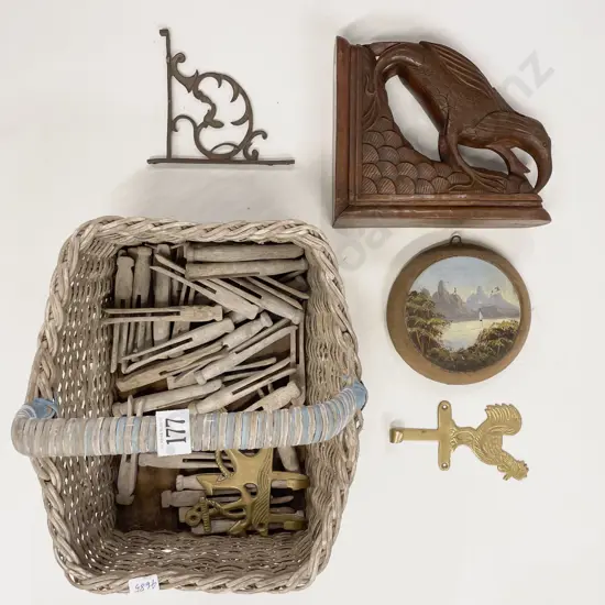 Basket of Assorted Vintage incl Coathooks Bookend etc