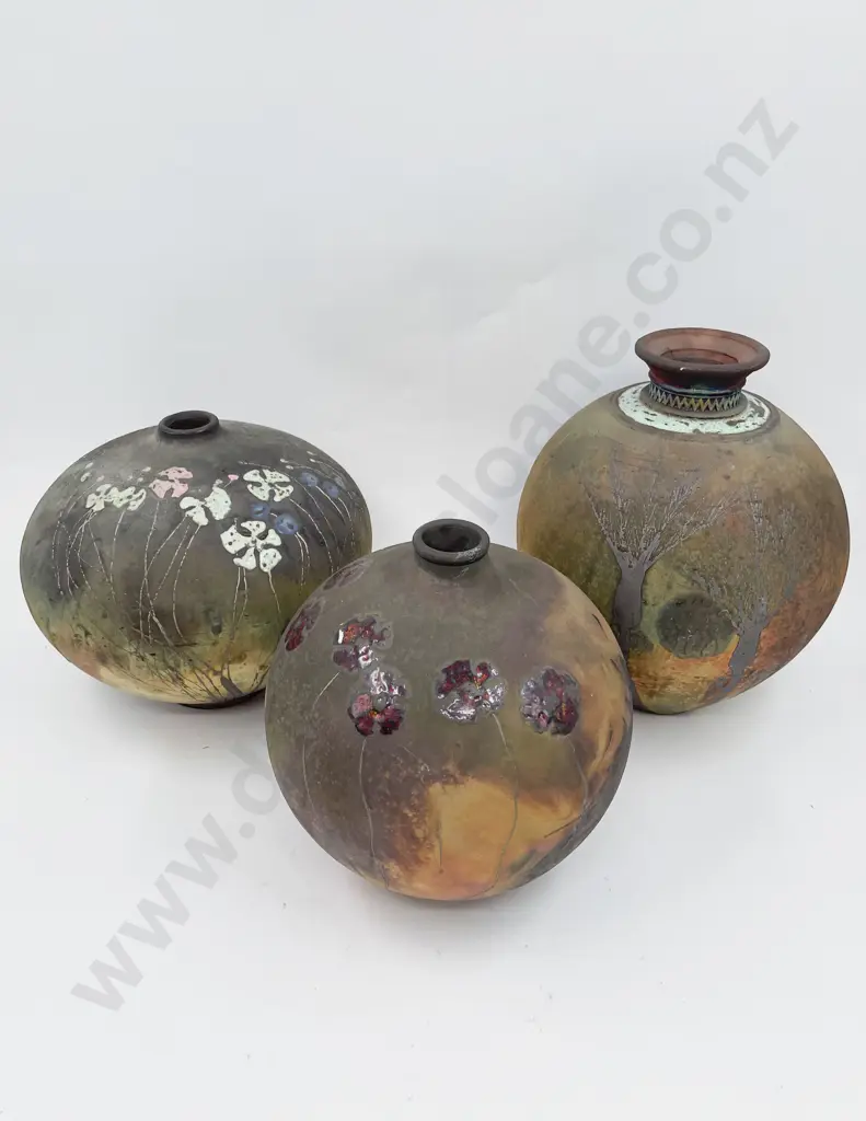 Three Assorted Raku Fired Pottery Vases Image 1++