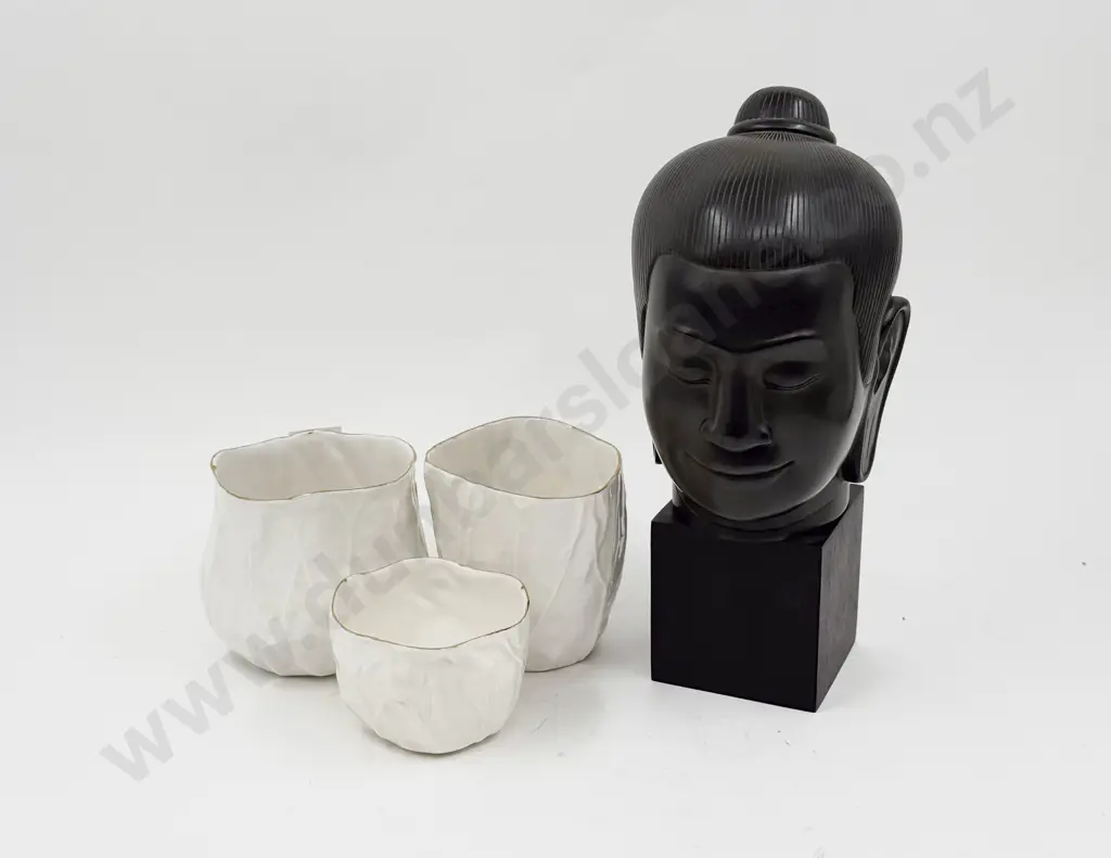 Cambodian Bust together with Three Pieces of Cambodian Ceramics Image 1++