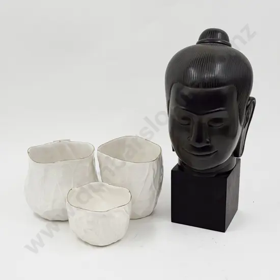 Cambodian Bust together with Three Pieces of Cambodian Ceramics