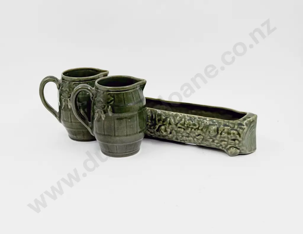 Two Luke Adams Barrel Form Jugs together with Temuka Log Form Trough Image 1++