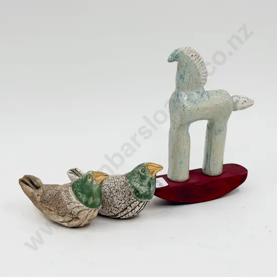 Pottery Rocking Horse & Two Pottery Birds
