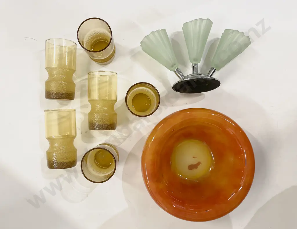 Box of Assorted Glass incl Bowl Six Mid Century Glasses & Deco Style Epergne Image 1++