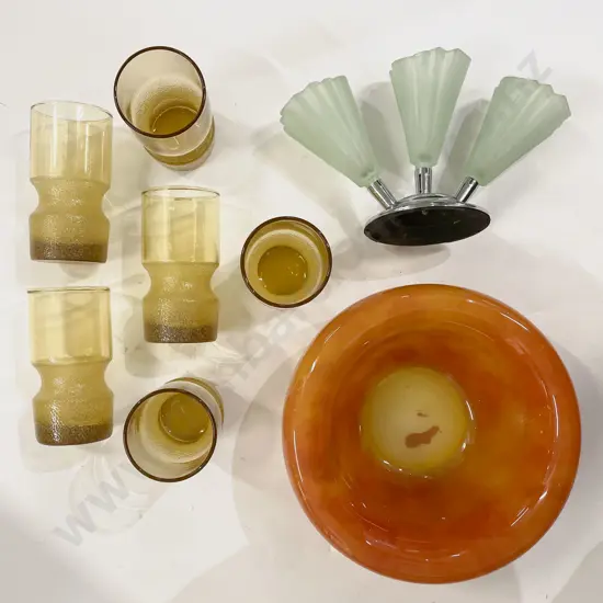 Box of Assorted Glass incl Bowl Six Mid Century Glasses & Deco Style Epergne