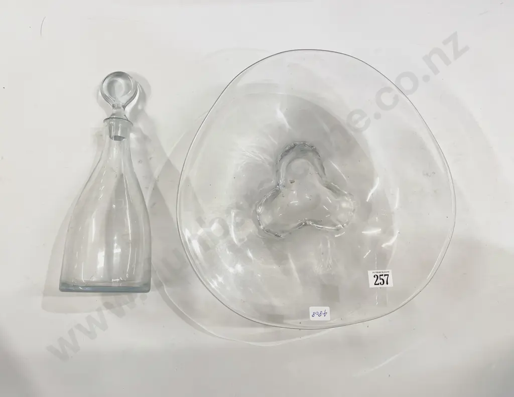 Glass Footed Table Bowl & Signed Glass Decanter Image 1++