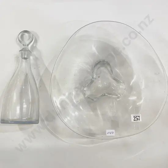 Glass Footed Table Bowl & Signed Glass Decanter