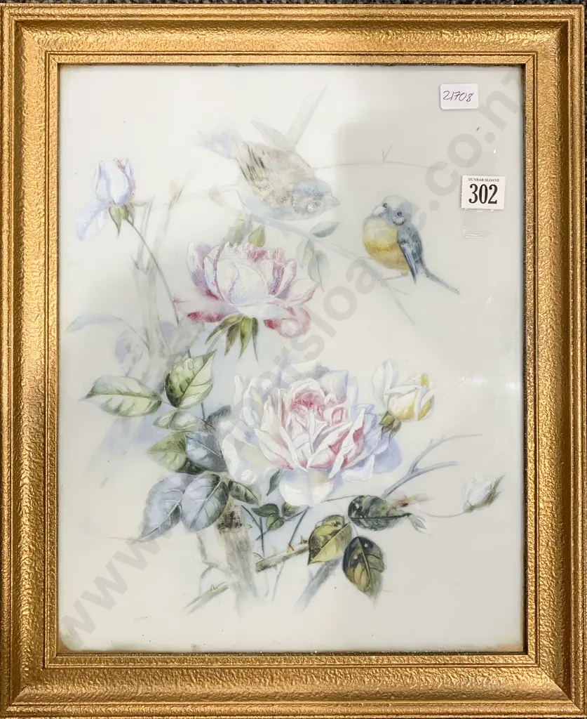 Vintage Bird Study & Floral Study Painted on Glass Image 1++