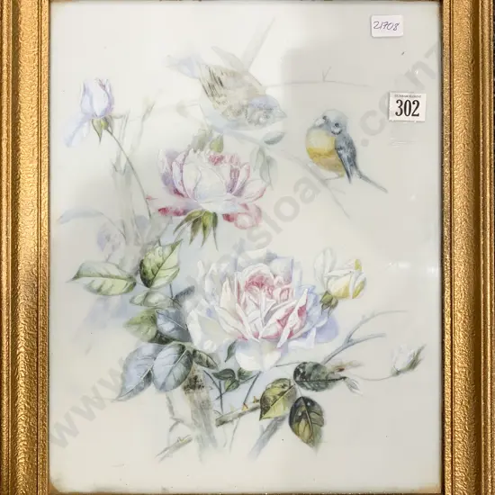 Vintage Bird Study & Floral Study Painted on Glass