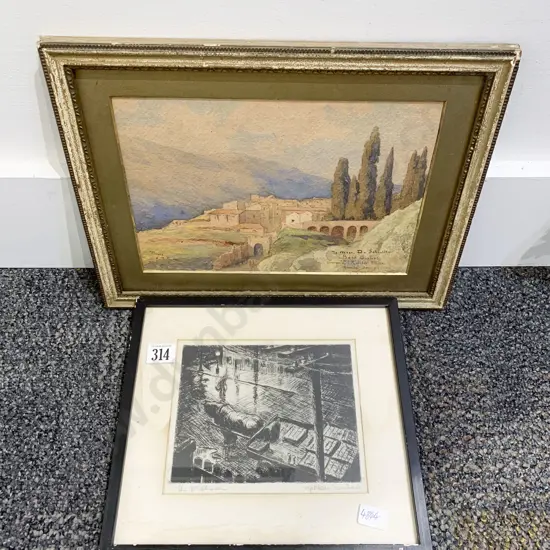 Indistinctly Signed - "The Milkman" - Etching together with Watercolour