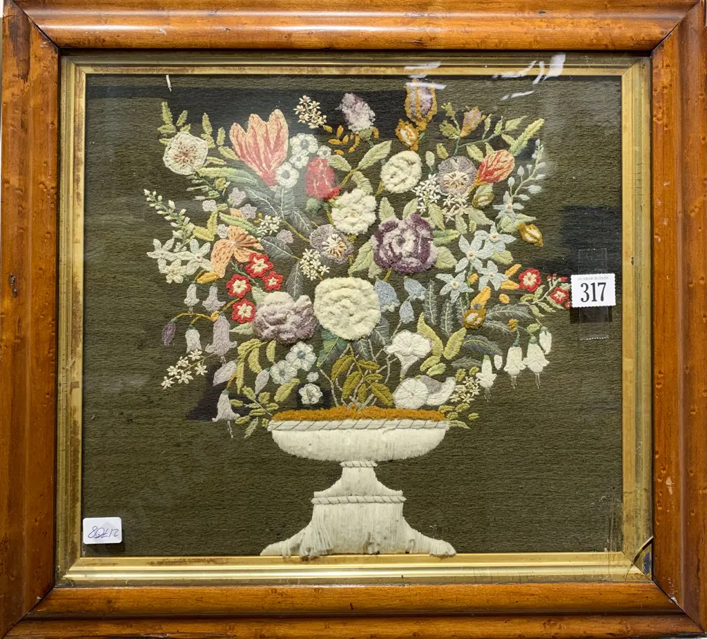 Framed Antique Floral Still Life Embroidery Image 1++