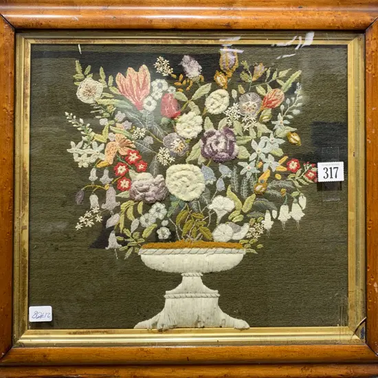 Framed Antique Floral Still Life Embroidery