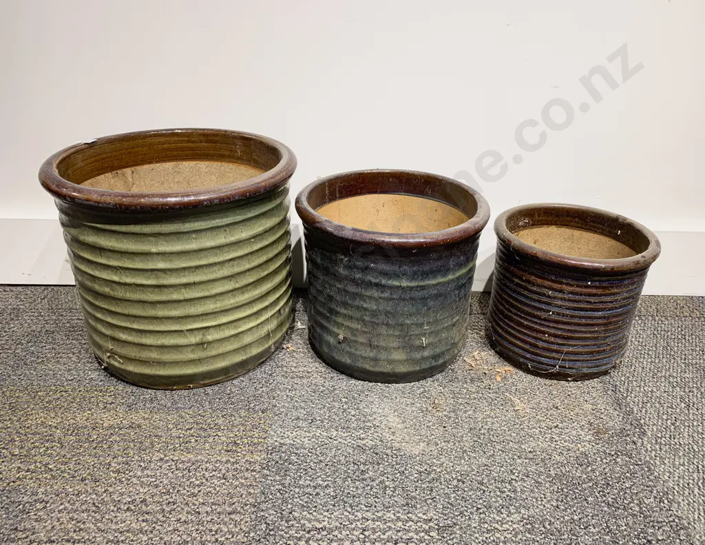 Graduated Associated Trio of Glazed Ribbed Garden Pots Image 1++