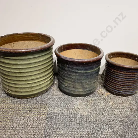 Graduated Associated Trio of Glazed Ribbed Garden Pots