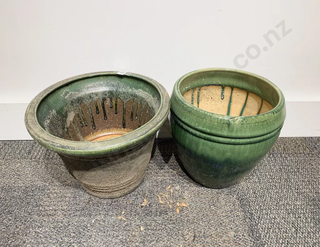 Two Green Glazed Garden Pots Image 1++