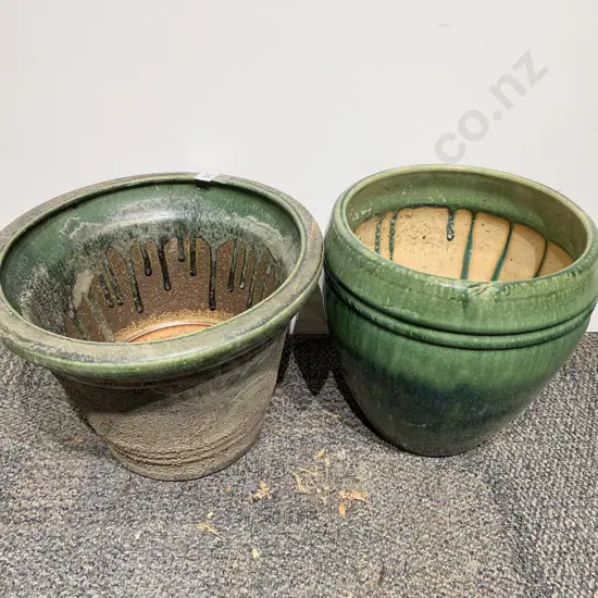 Two Green Glazed Garden Pots
