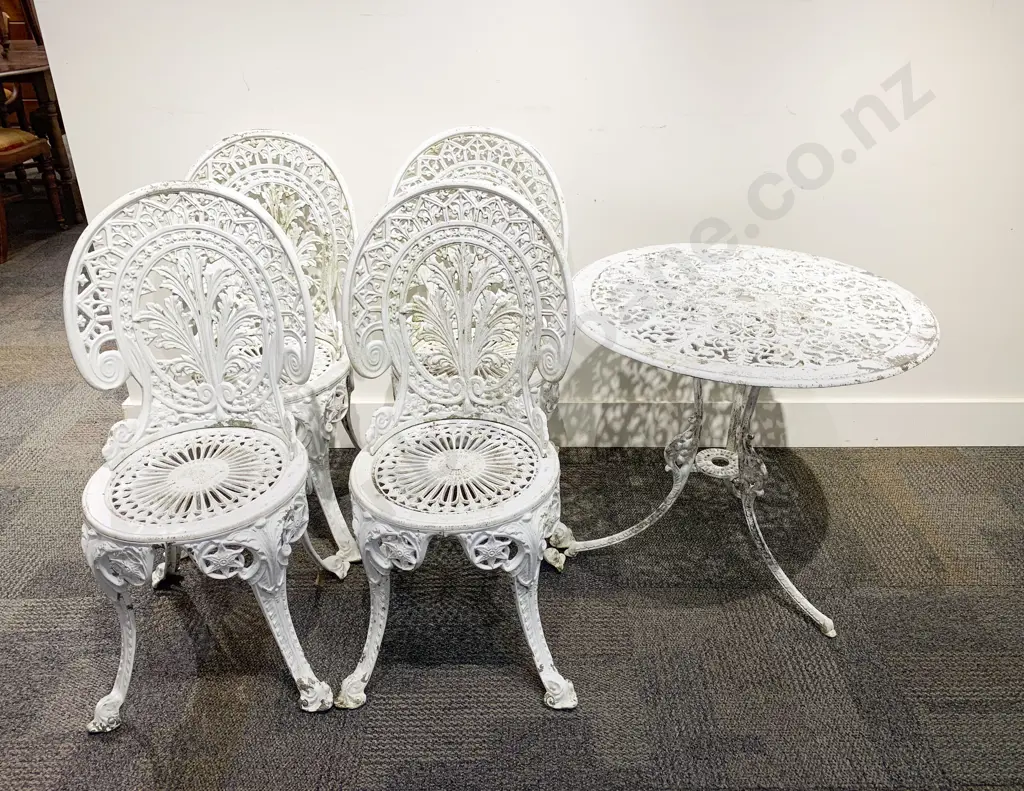 White Painted Wrought Metal Outdoor Table & Four Chairs Image 1++