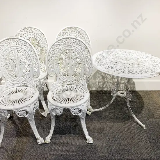 White Painted Wrought Metal Outdoor Table & Four Chairs