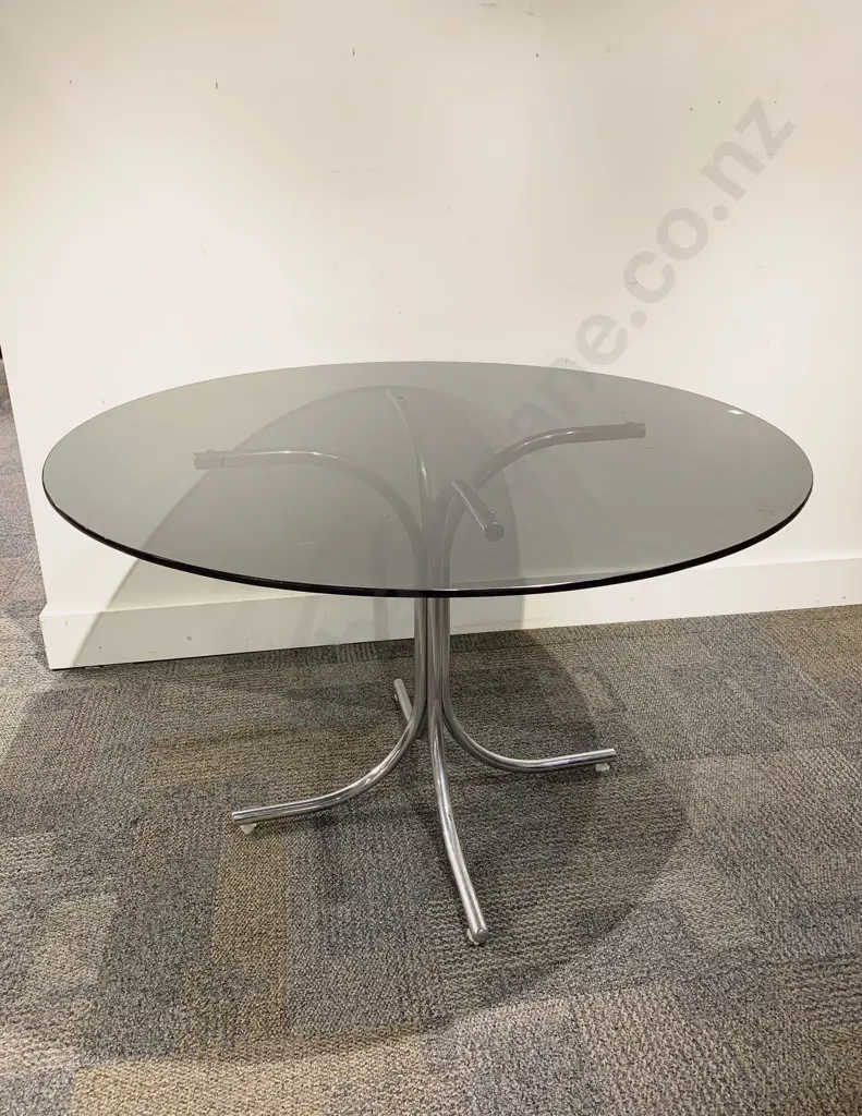 Mid Century Smoked Glass Round Dining Table with Chrome Base Image 1++