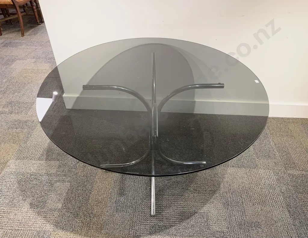 Mid Century Smoked Glass Round Dining Table with Chrome Base Image 1++