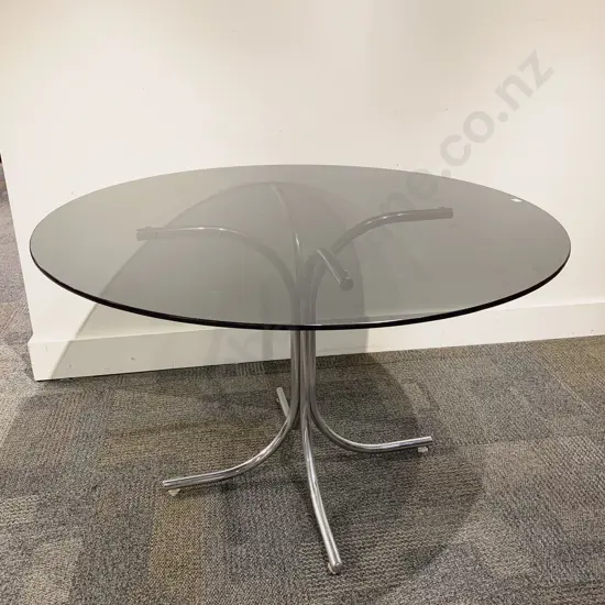 Mid Century Smoked Glass Round Dining Table with Chrome Base