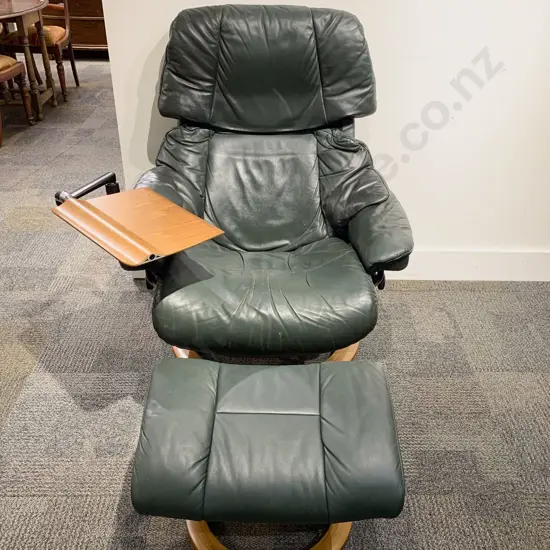 Green Leather Stressless Armchair & Matching Footstool together with Side Table Accessory