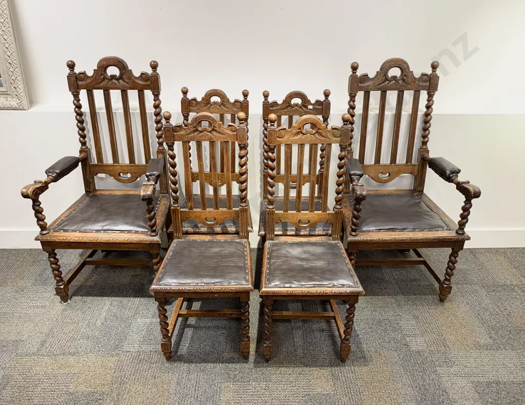 Set of Six Antique Oak Barley Twist Dining Chairs Image 1++