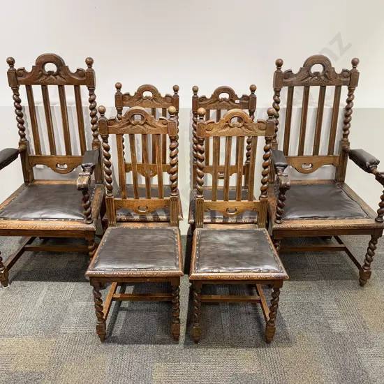 Set of Six Antique Oak Barley Twist Dining Chairs