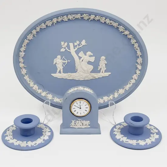 Wedgwood Oval Dish with Pair of Candleholders & Small Clock
