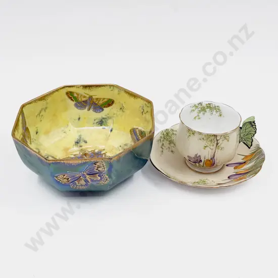 Aynsley Octagonal Butterfly Bowl together with Aynsley "Crocus" Butterfly Handle Cup & Saucer