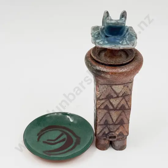 Signed "Huia" Small Lidded Pottery Vase together with Enamel Dish