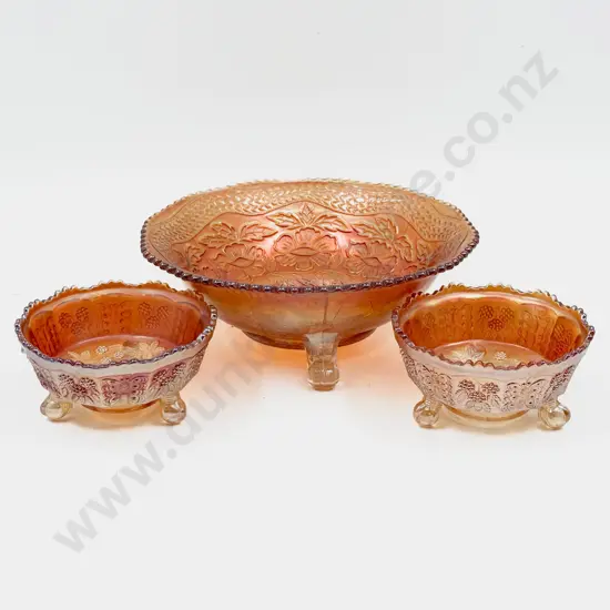 Carnival Glass Footed Bowl & Two Smaller Butterfly Dishes