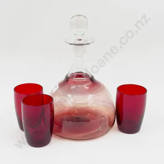 Art Glass Decanter Signed AWK (Tony Kuepfer) & Three Ruby Glass Tumblers