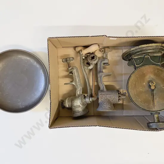 Two Vintage Clamp Mincers together with Salter Scale