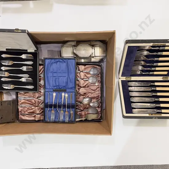 Box of Assorted Cased Cutlery etc