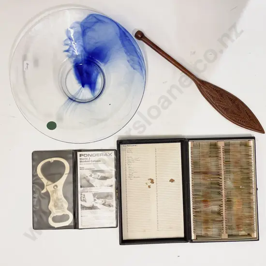 Art Glass Charger together with Vintage Glass Slides etc