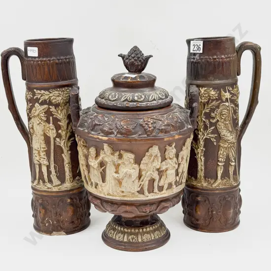 Classical Style Lidded Urn & Pair of Tall Jugs (Faults)