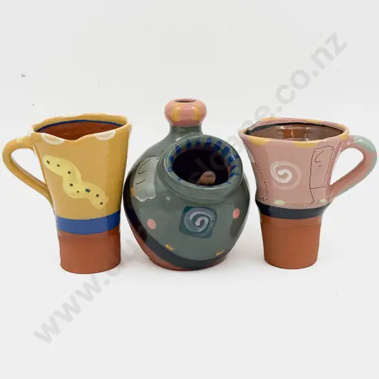 Pair of Steve Fulmer Pottery Mugs & Salt Pig