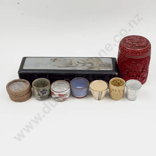 Cinnabar Lacquer Lidded Jar with Assorted Tea Bowls etc