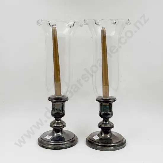 Pair of S/P & Glass Hurricane Lamps