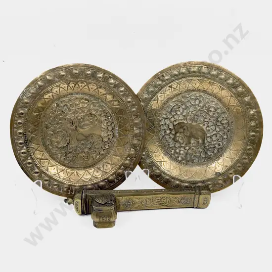 Indian Brass Pen & Ink Holder together with Two Small Brass Plates