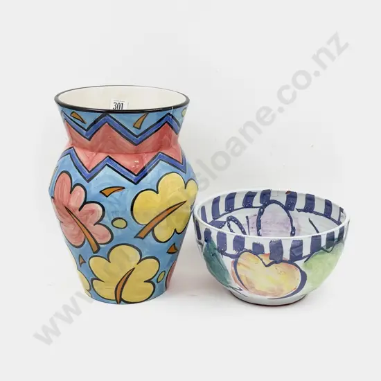 NZ Art Pottery Fruit Bowl together with Stylized Vase (Faults)