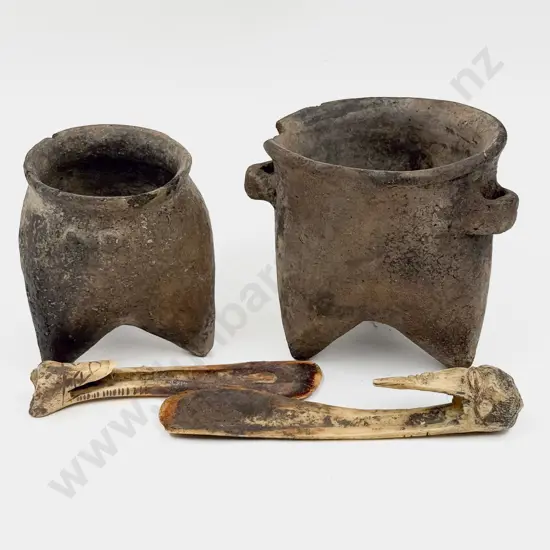 Two Antique PNG Clay Vessels and Two Cassowary Bone Spatulas